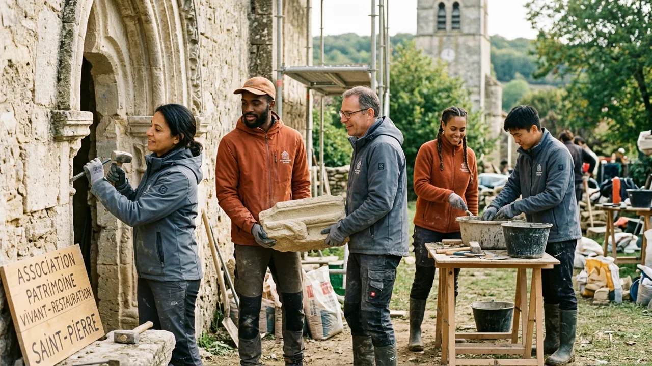 Bénévoles mobilisés sur le chantier de sauvegarde de Notre-Dame de la Pitié de Boussagues